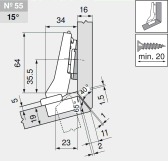 комплект угловой петли петля угловая №55 +15° с встроенным доводчиком