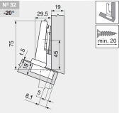 комплект угловой петли петля угловая №32  -20°  с встроенным доводчиком