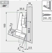 комплект угловой петли петля угловая №12 -20° с встроенным доводчиком