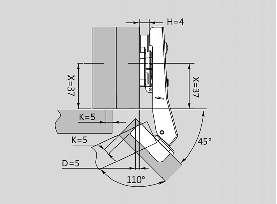 фото петля +45° dtc pivot pro click-on с доводчиком 45мм (0017569)