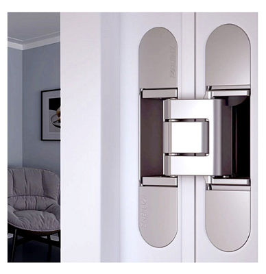 фото скрытая ассиметричная петля для двери толщиной 38 мм, цвет матовый хром